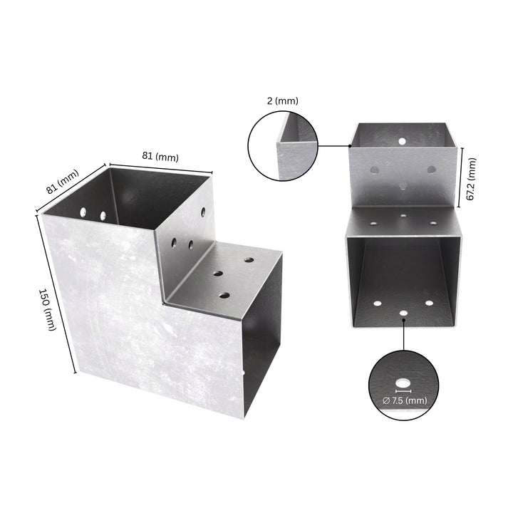 2 way post connector L shaped showing labeled dimensions, bracket size, length and thickness.