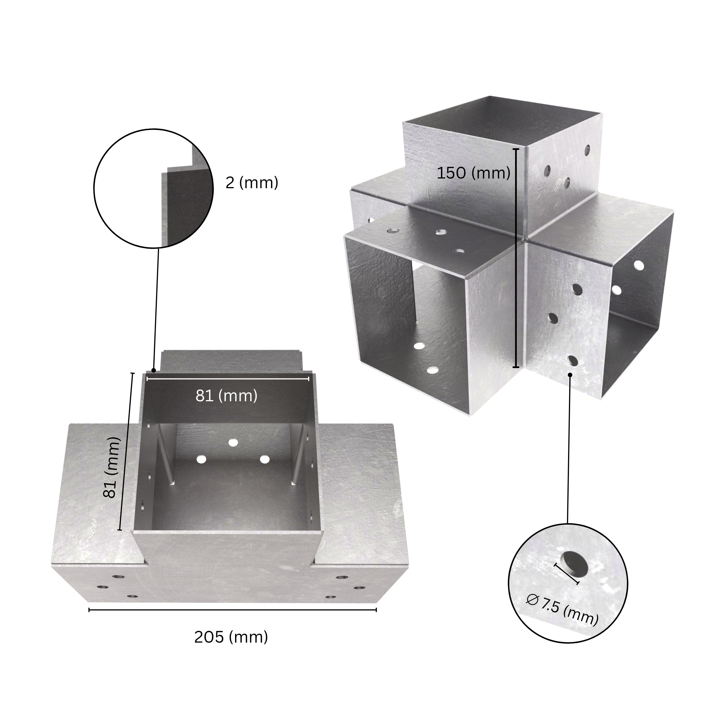 4 way post connector X shaped showing labeled dimensions, bracket size, length and thickness.