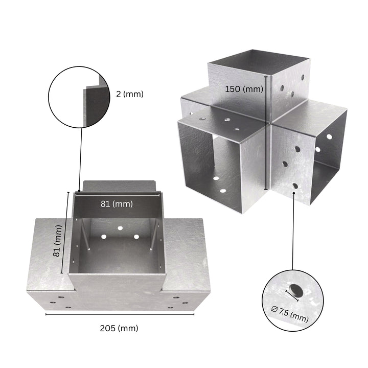 4 way post connector X shaped showing labeled dimensions, bracket size, length and thickness.
