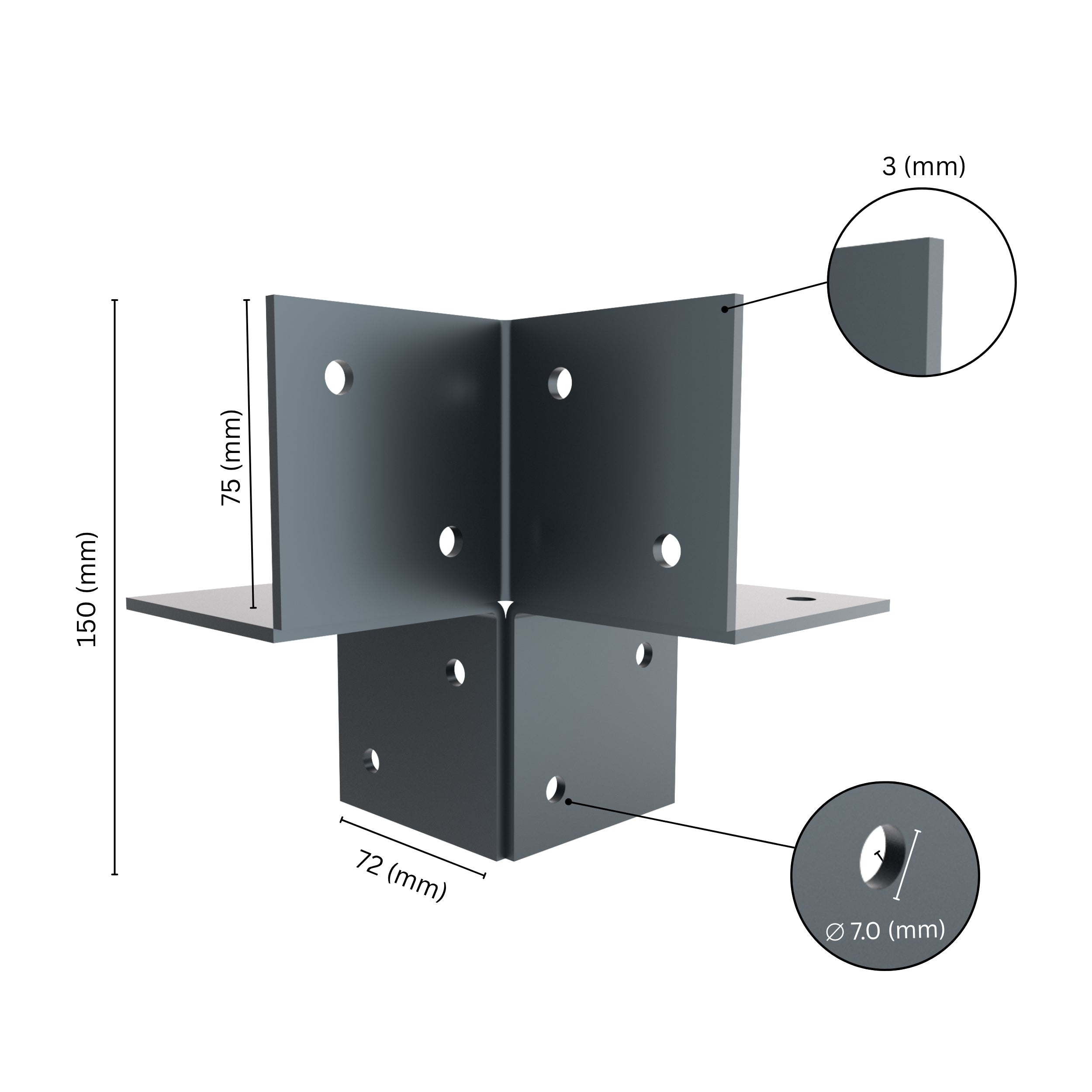  3-way open pergola corner connector bracket with labeled dimensions.