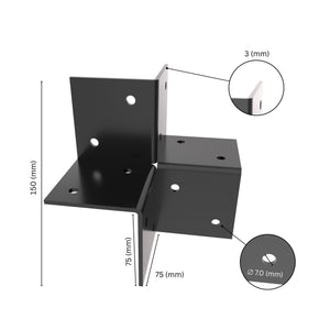  3-way open pergola corner connector bracket with labeled dimensions.