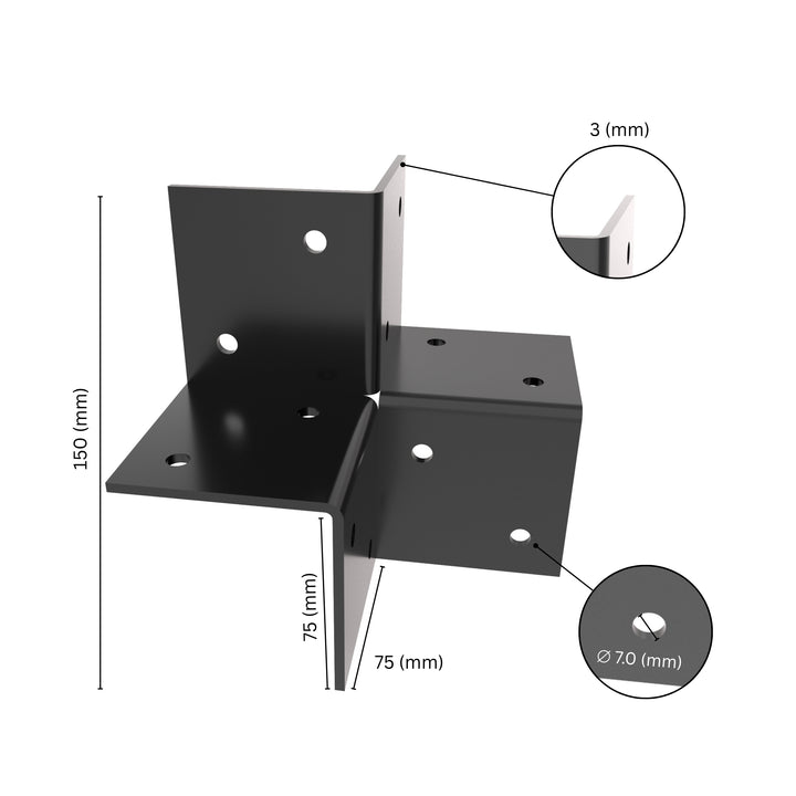  3-way open pergola corner connector bracket with labeled dimensions.