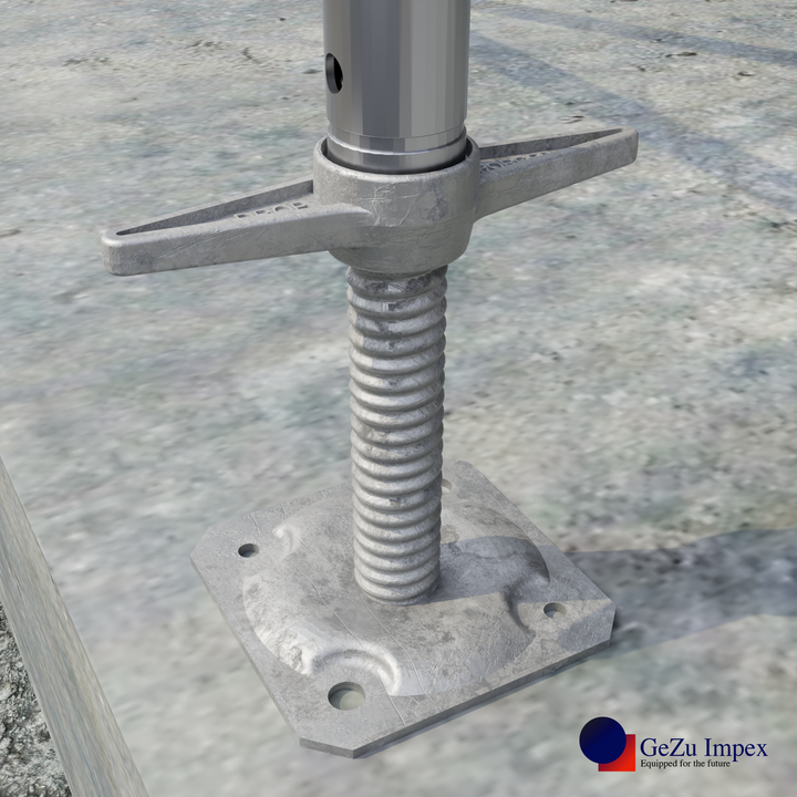 Scaffolding base jack is attached to scaffold frame for level and secure construction setup.