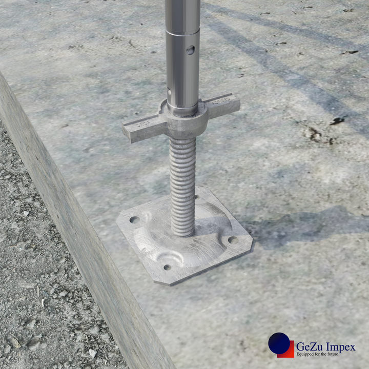 Scaffolding screw jack base attached to scaffold frame for stable and safe construction foundation.