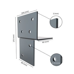 Wood connector T angle bracket with labeled dimensions.