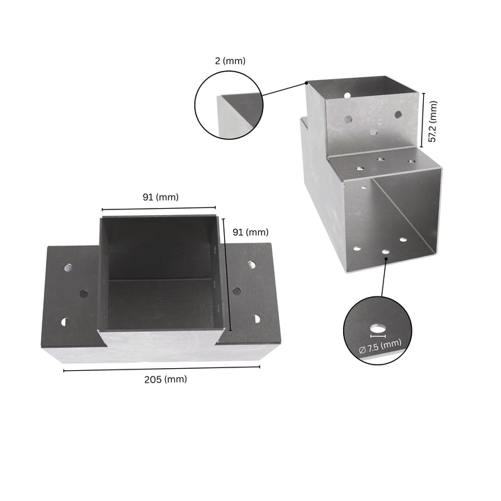 3 way post connector T shaped showing labeled dimensions, bracket size, length and thickness.