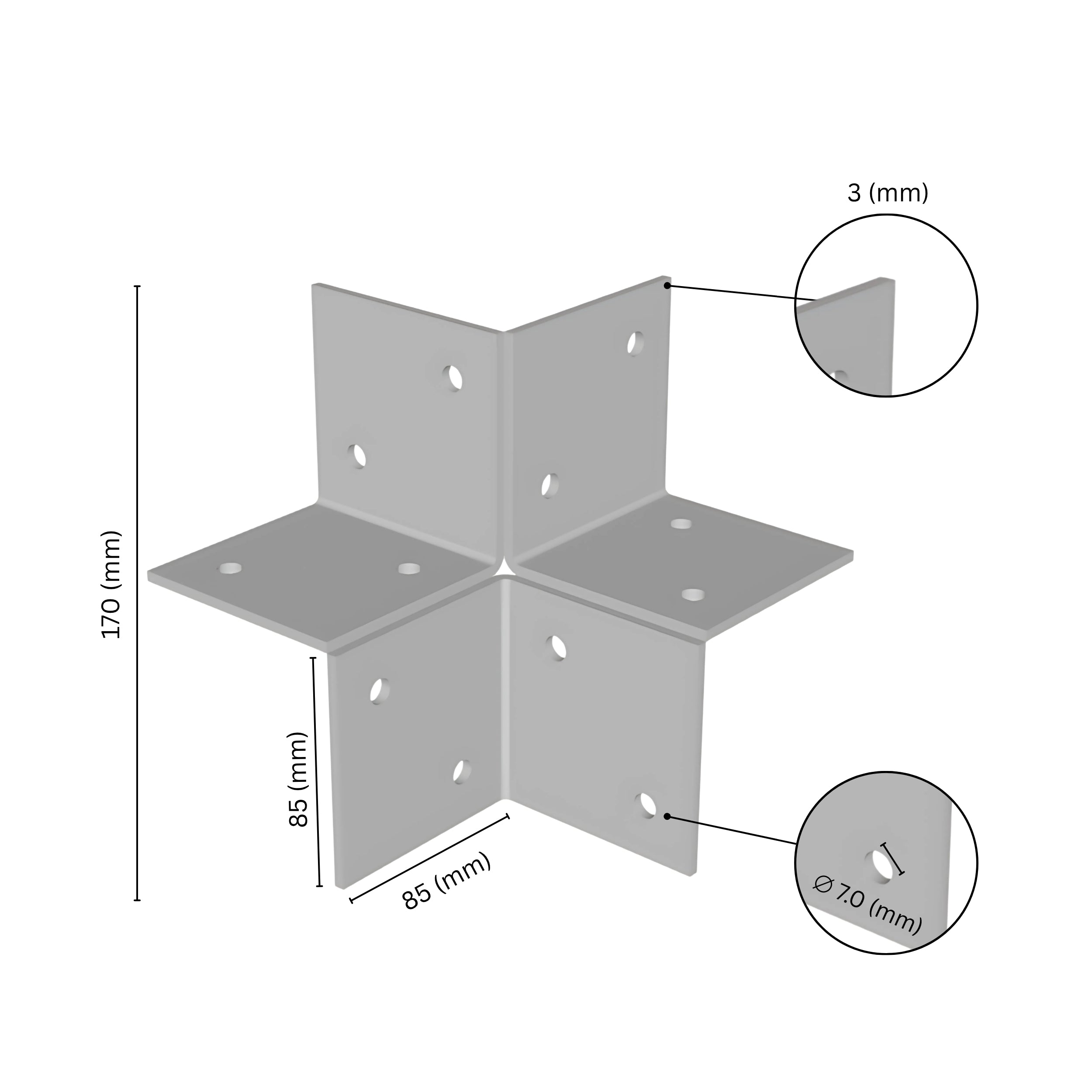  3-way open pergola corner connector bracket with labeled dimensions.