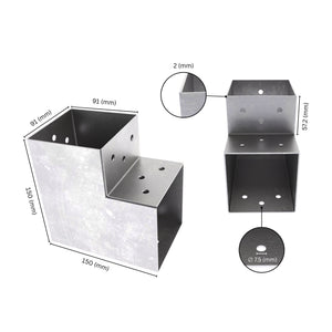 2 way post connector L shaped showing labeled dimensions, bracket size, length and thickness.