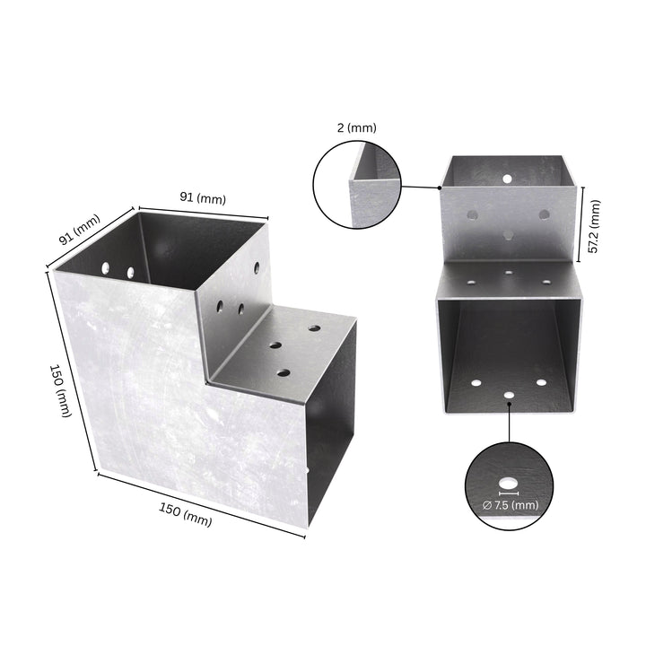 2 way post connector L shaped showing labeled dimensions, bracket size, length and thickness.
