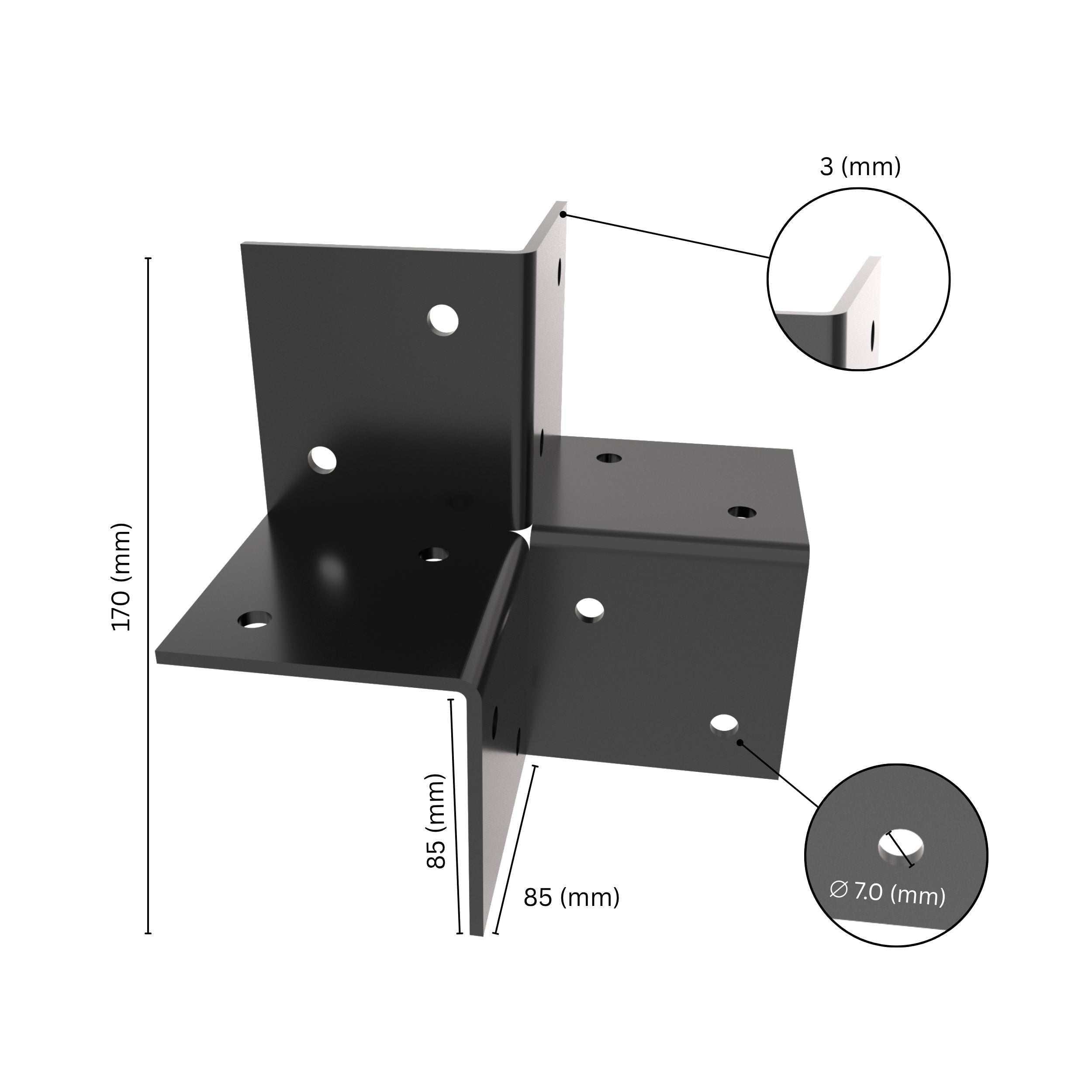  3-way open pergola corner connector bracket with labeled dimensions.