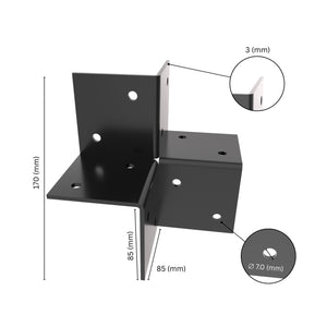  3-way open pergola corner connector bracket with labeled dimensions.