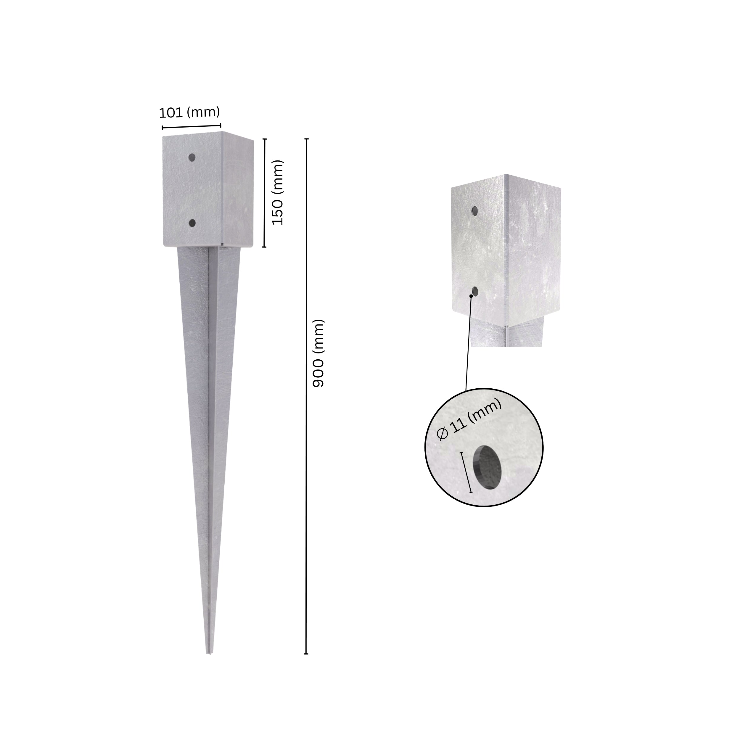 Fence post holder support anchor spike with labeled size and dimensions.