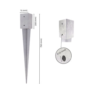 Fence post holder support anchor spike with labeled size and dimensions.