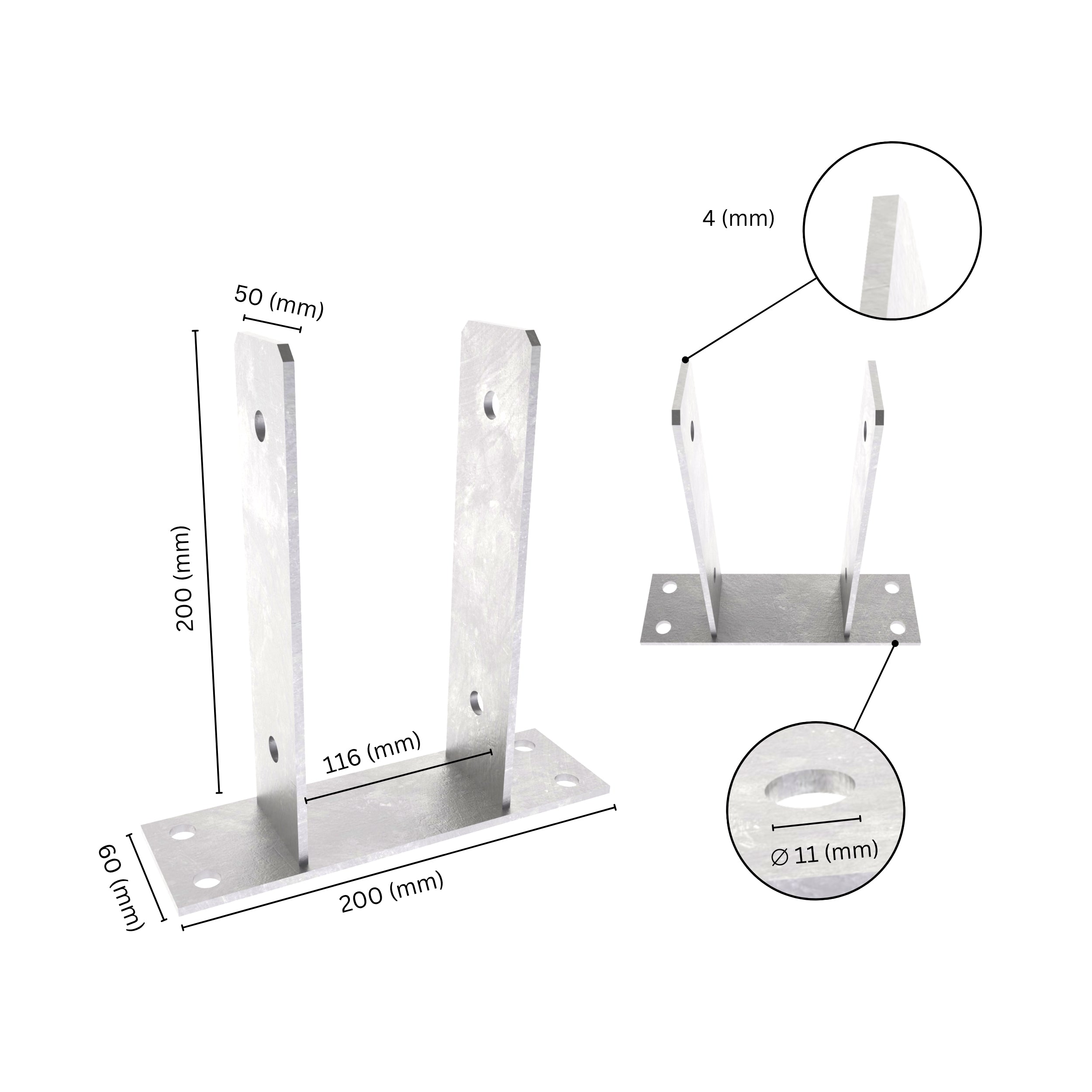 U shape post support bracket with labeled dimensions. 