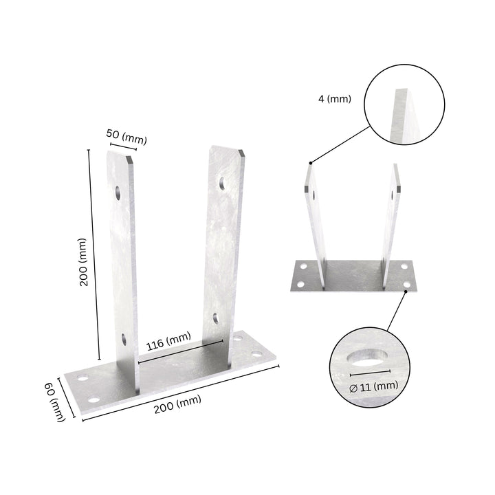 U shape post support bracket with labeled dimensions. 
