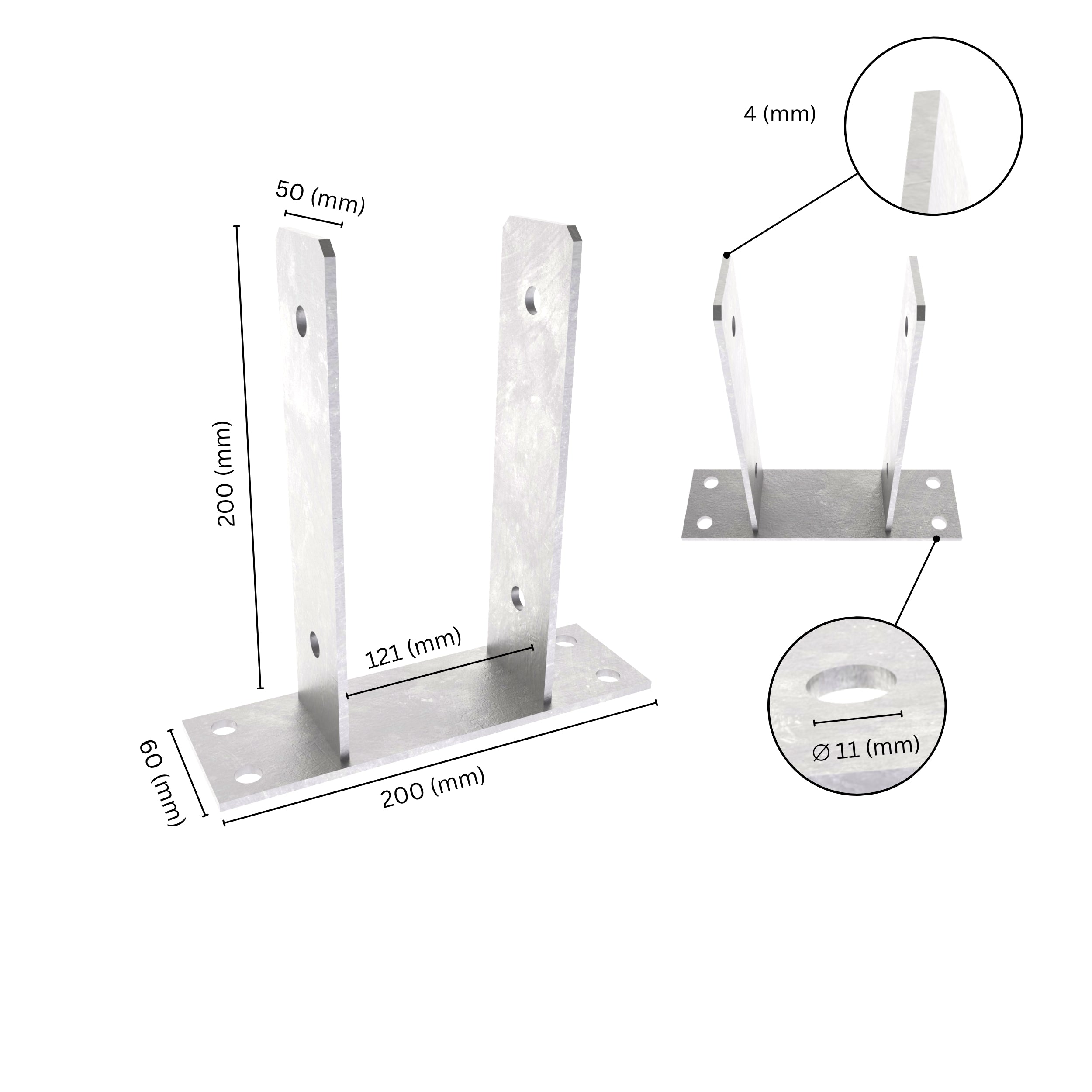U shape post support bracket with labeled dimensions. 