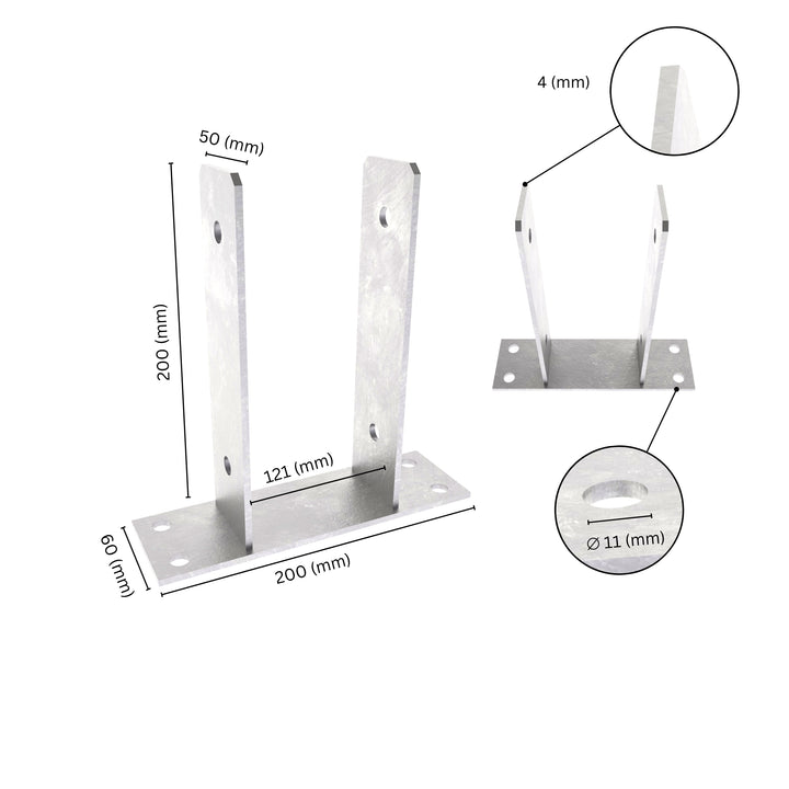 U shape post support bracket with labeled dimensions. 