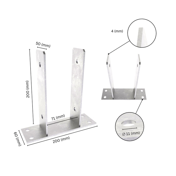 U shape post support bracket with labeled dimensions. 