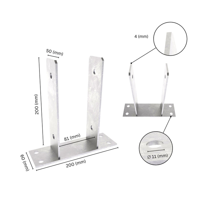 U shape post support bracket with labeled dimensions. 