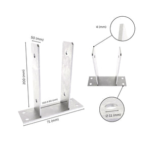 U shape post support bracket with labeled dimensions. 