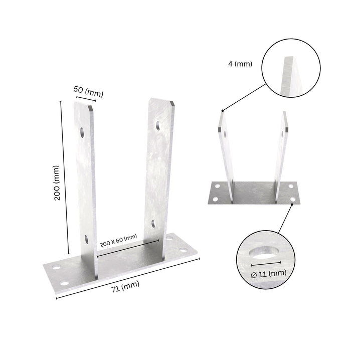 U shape post support bracket with labeled dimensions. 
