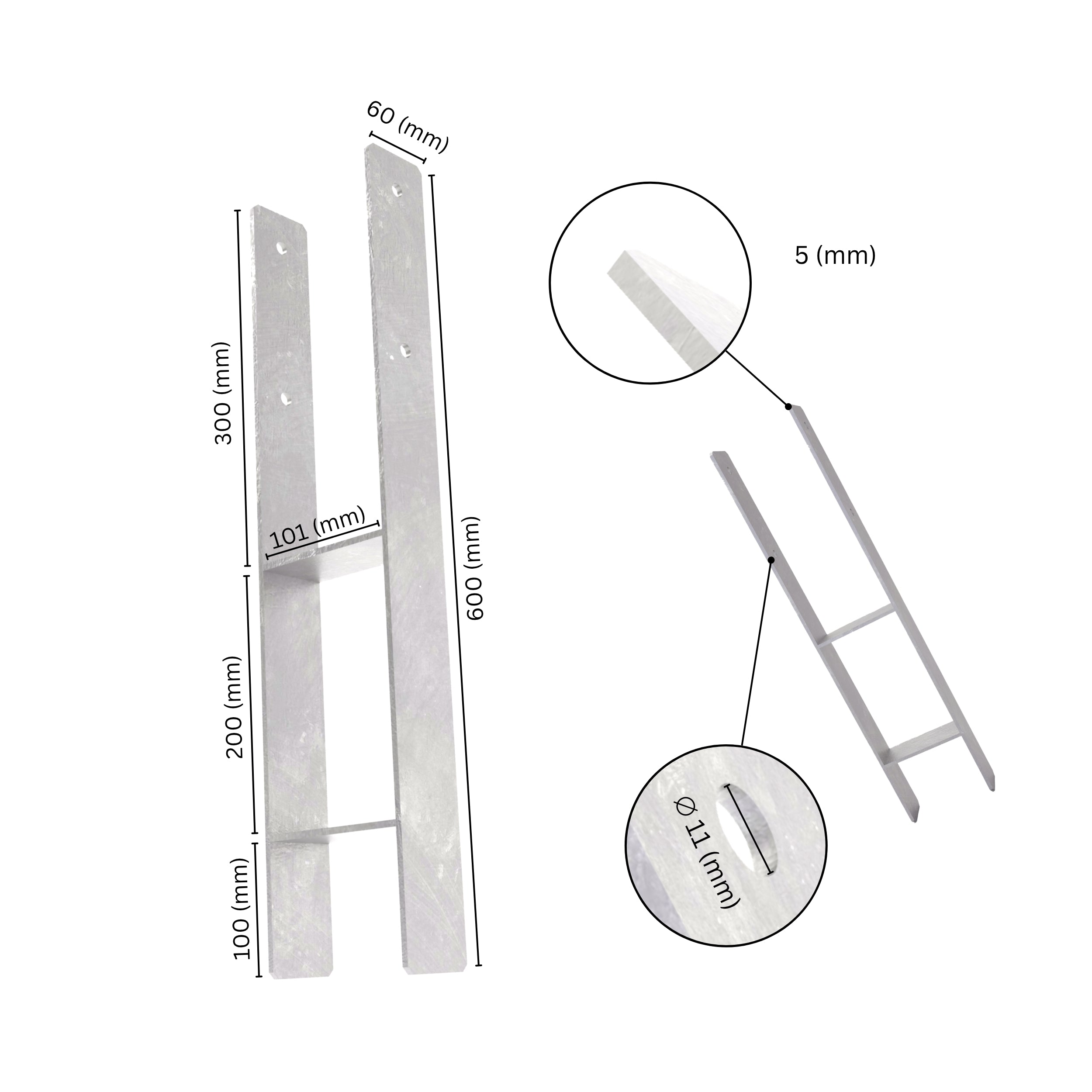 H post support with labeled dimensions showing height, width and sleeve specifications.