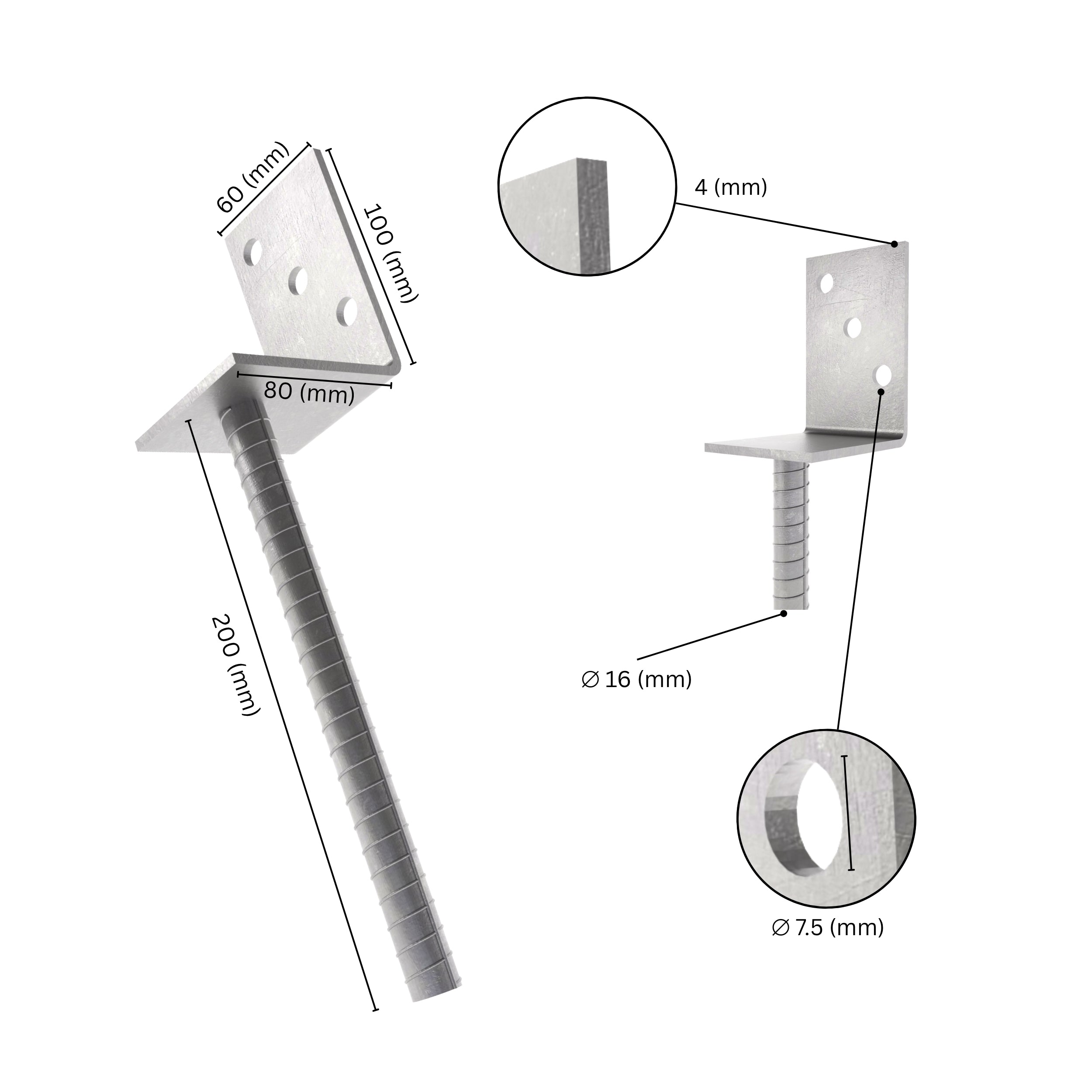 Concrete post anchor L shape with labeled size dimensions.