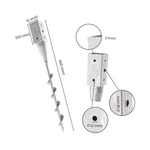 Ground screw post anchor with labeled size dimensions.