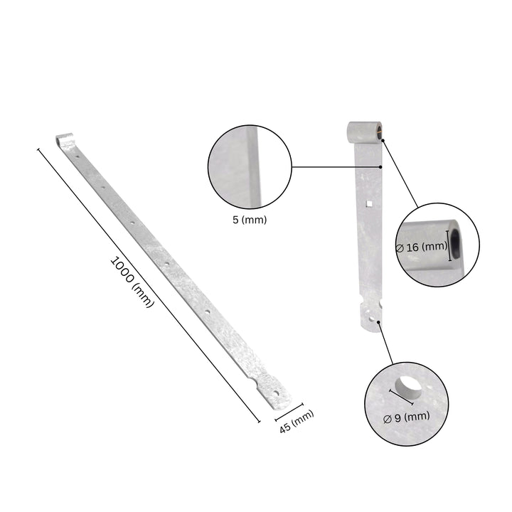 Gate band thumb hinge with labeled dimensions.