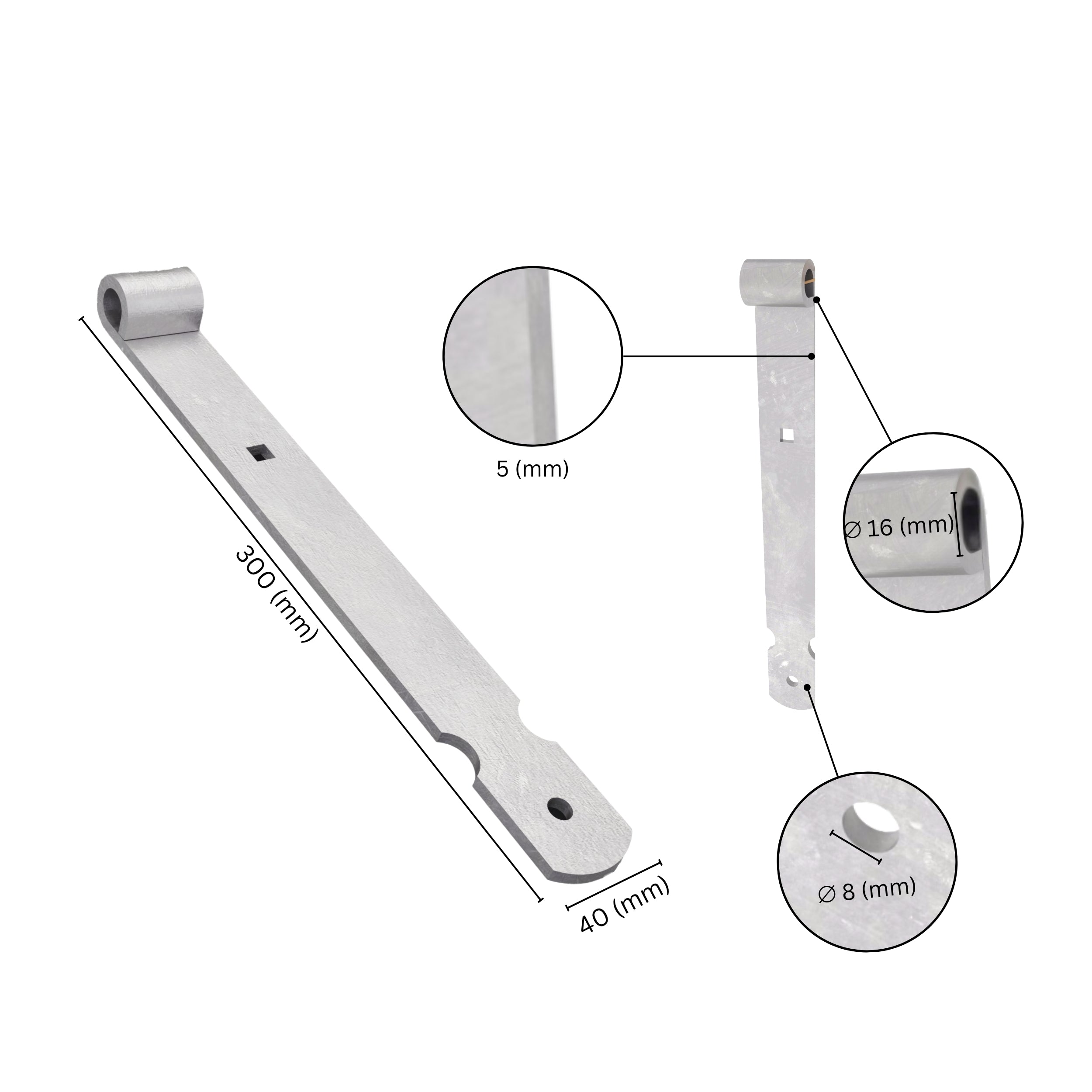 Gate band thumb hinge with labeled dimensions.