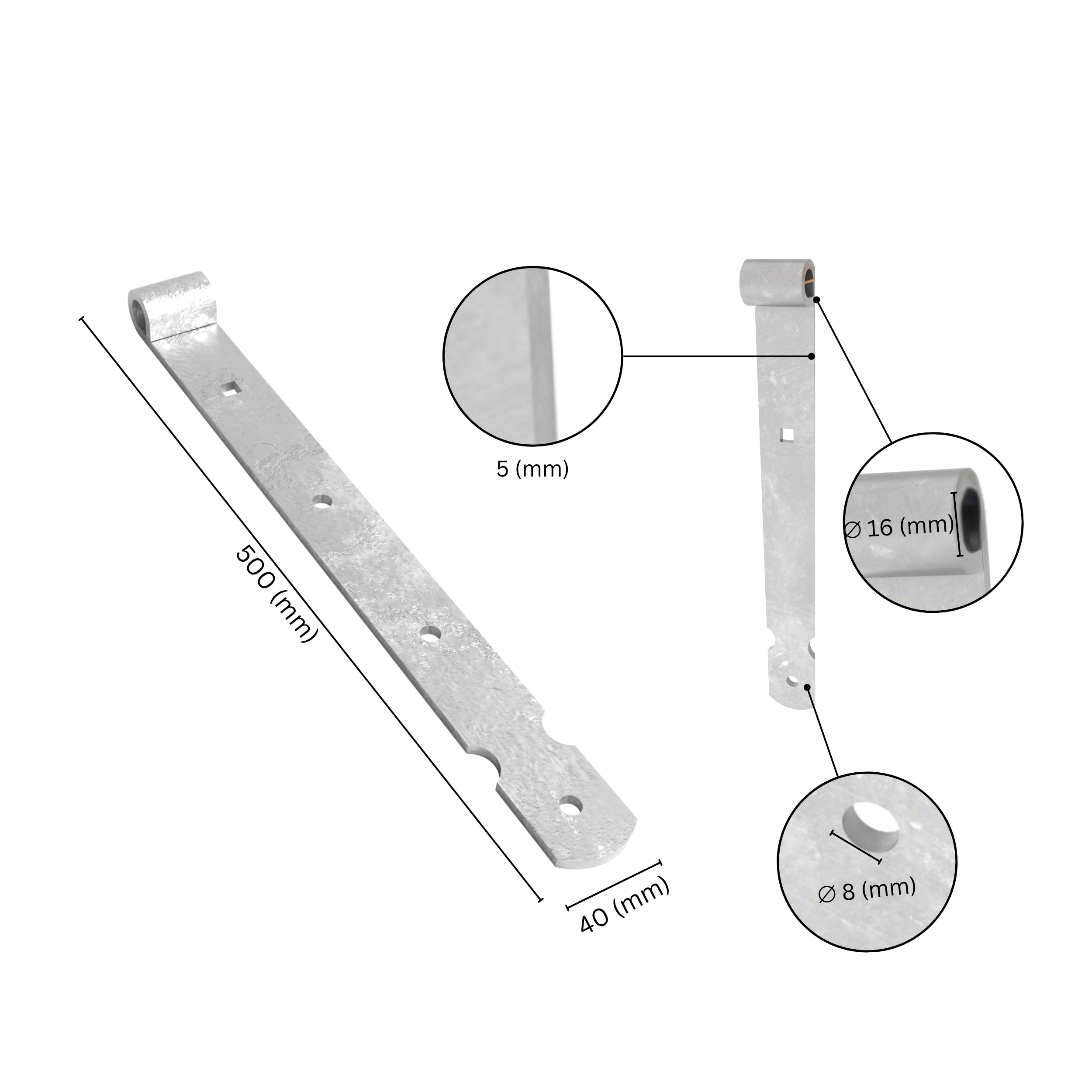 Gate band thumb hinge with labeled dimensions.