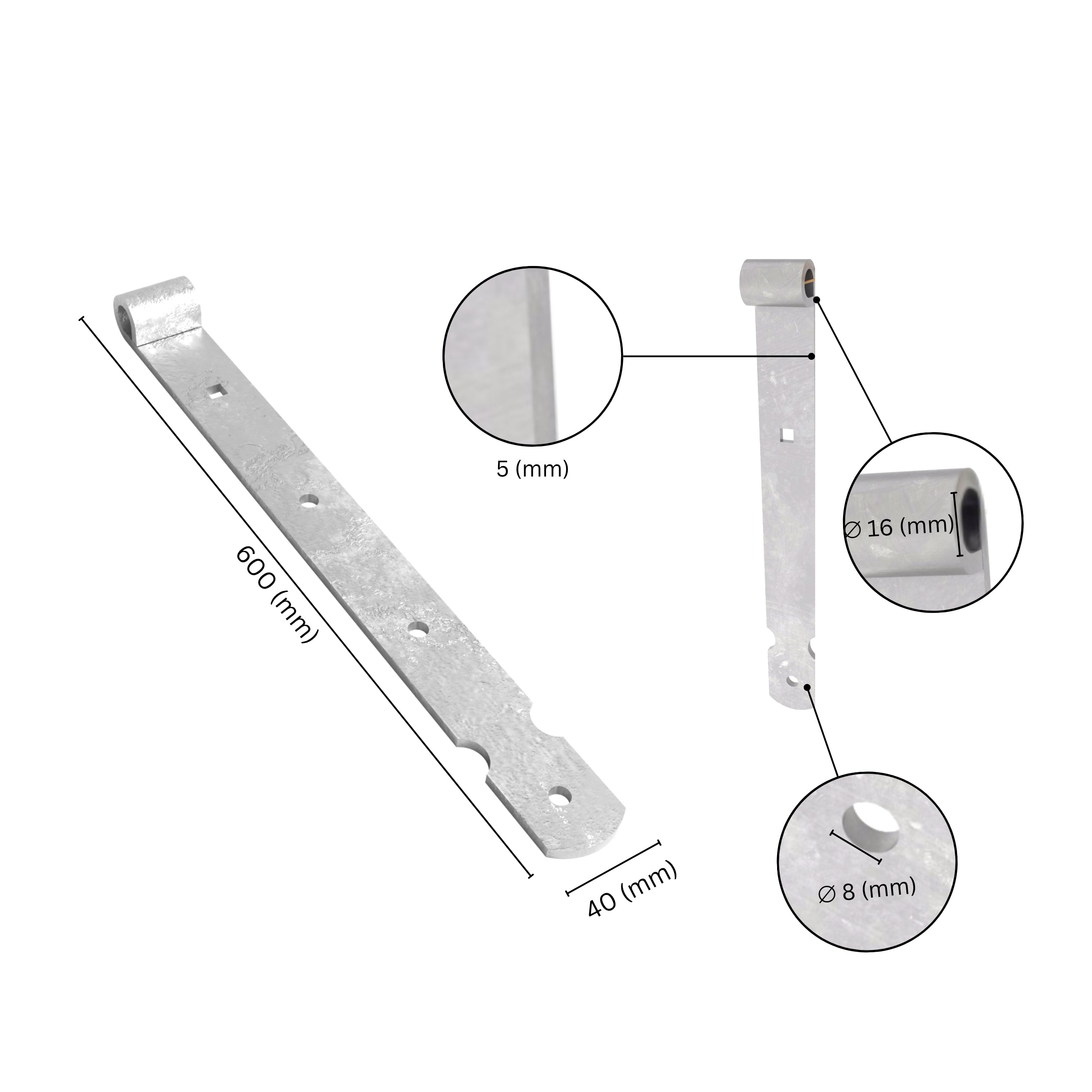 Gate band thumb hinge with labeled dimensions.