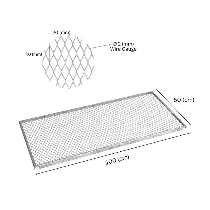 Mesh composter bin lid with labeled dimensions.