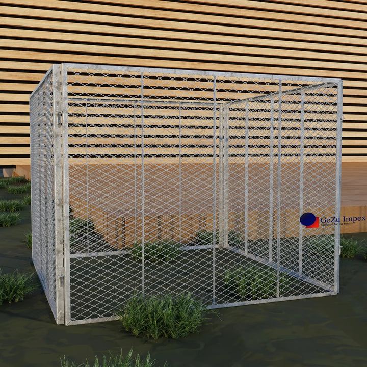 Metal wire mesh composter bin placed in a garden.