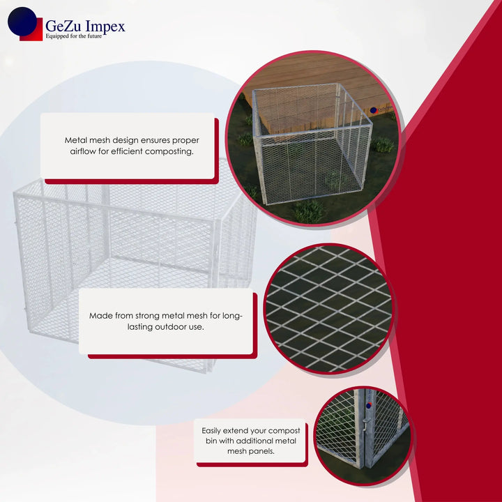 Metal square mesh composter frame displayed with features.